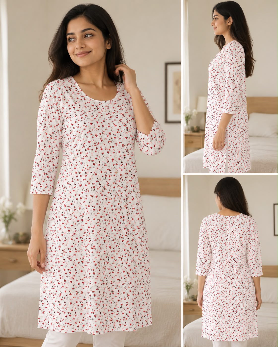White Floral Printed Straight Kurti for Women