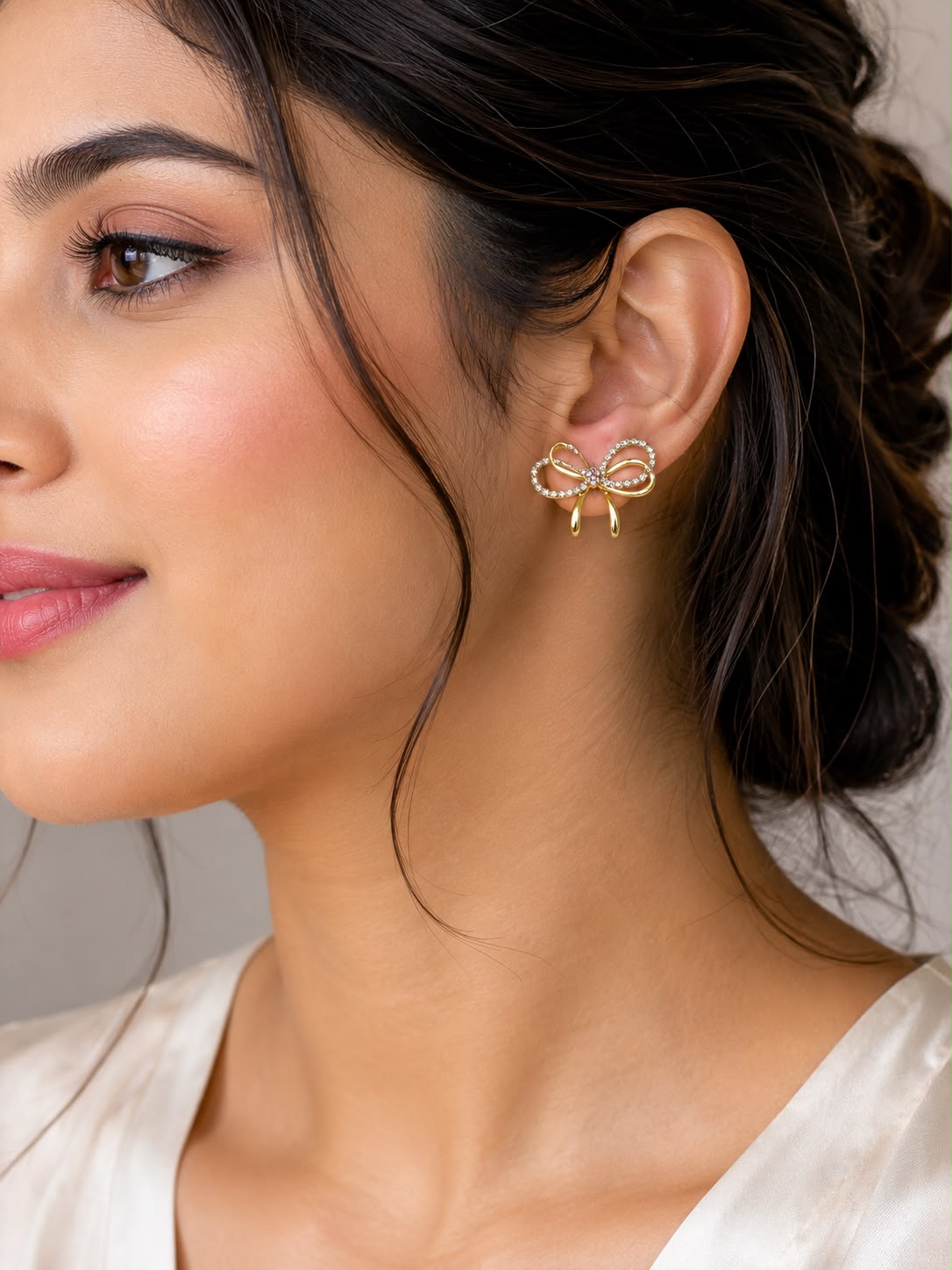 Elegant Bow Design American Diamond Stud Earrings for Women | Gold Plated Crystal Ribbon Earrings | Lightweight Daily Wear