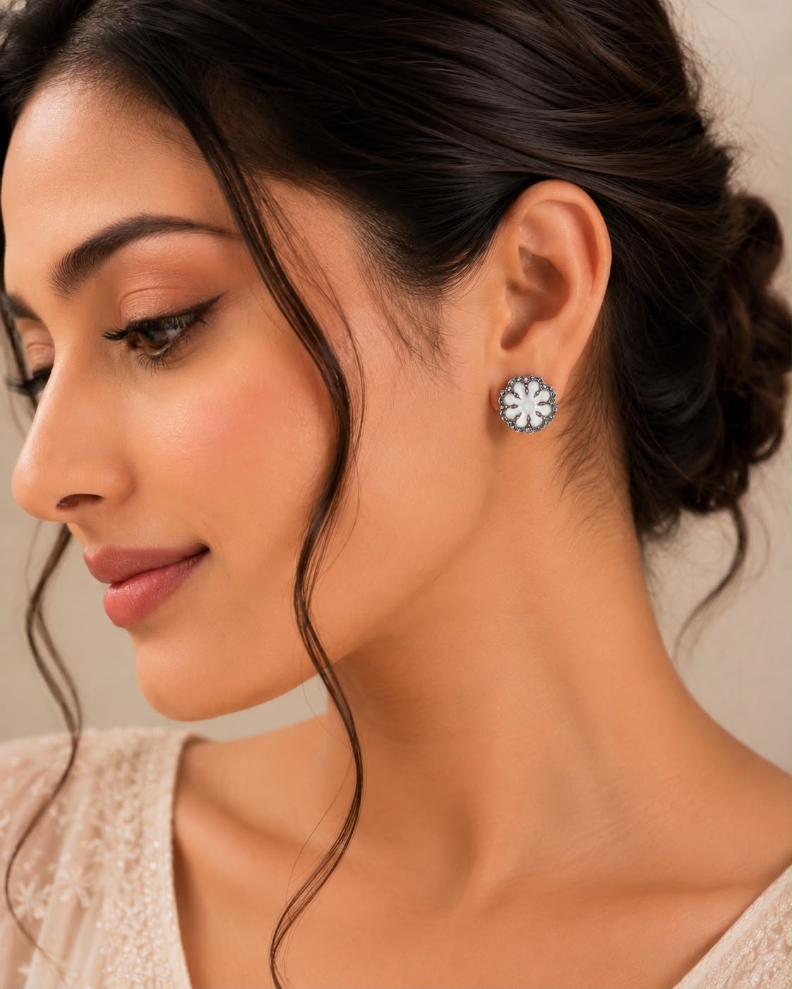 Silver Plated Floral Mother of Pearl Stud Earrings for Women | White Flower Crystal Stud Earrings | Elegant Lightweight Fashion Jewelry