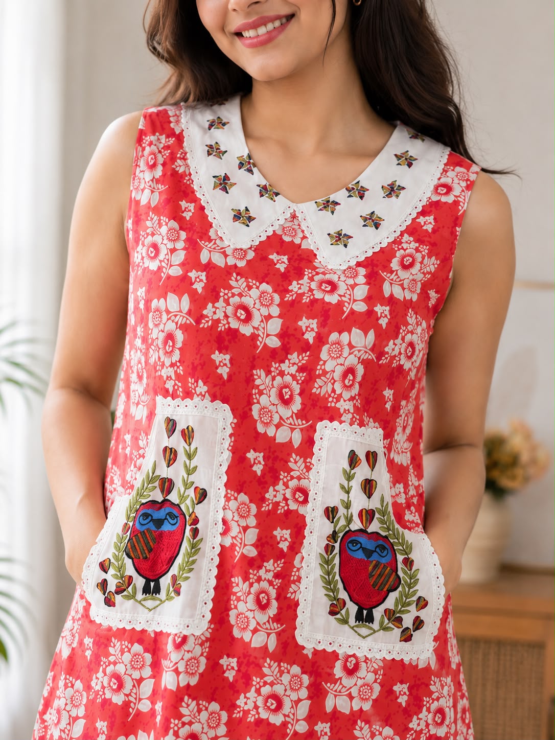 Women's Floral Printed Cotton Nighty with Embroidered Peter Pan Collar (Baby Collar) & Dual Owl Patch Pockets | Soft Cotton Home Wear | 4 Color Variants | XL