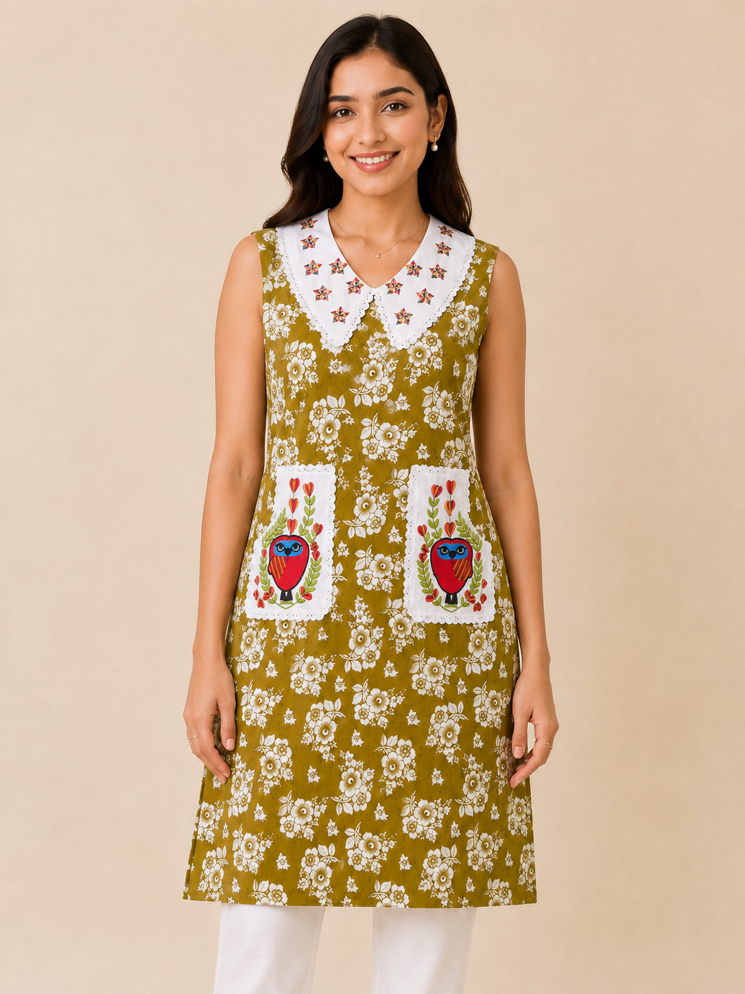 Women's Floral Printed Cotton Nighty with Embroidered Peter Pan Collar (Baby Collar) & Dual Owl Patch Pockets | Soft Cotton Home Wear | 4 Color Variants | XL