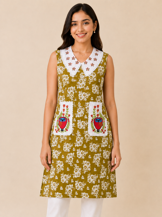 Women's Floral Printed Cotton Nighty with Embroidered Peter Pan Collar (Baby Collar) & Dual Owl Patch Pockets | Soft Cotton Home Wear | 4 Color Variants | XL