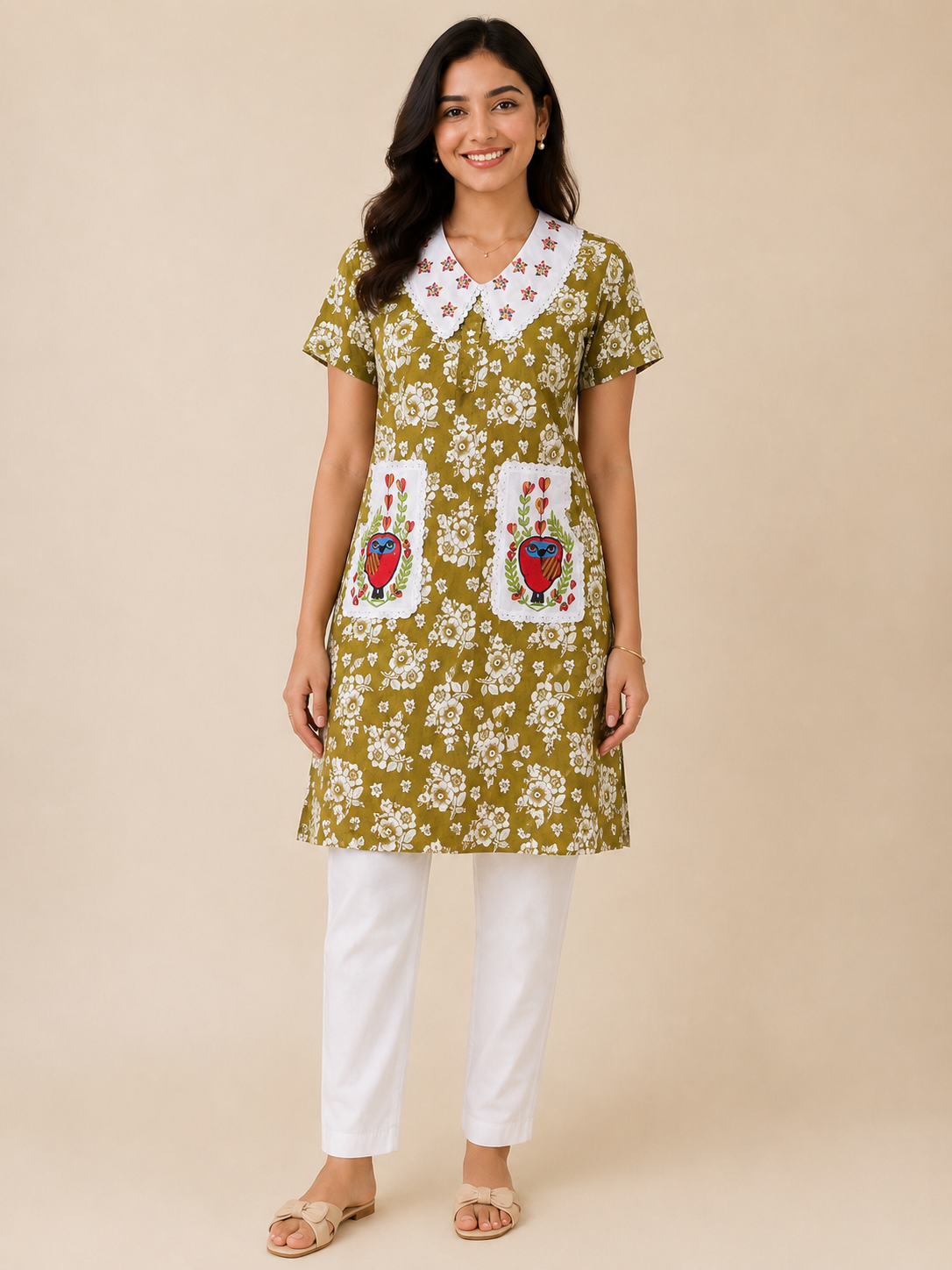 Women's Floral Printed Cotton Nighty with Embroidered Peter Pan Collar (Baby Collar) & Dual Owl Patch Pockets | Soft Cotton Home Wear | 4 Color Variants | XL