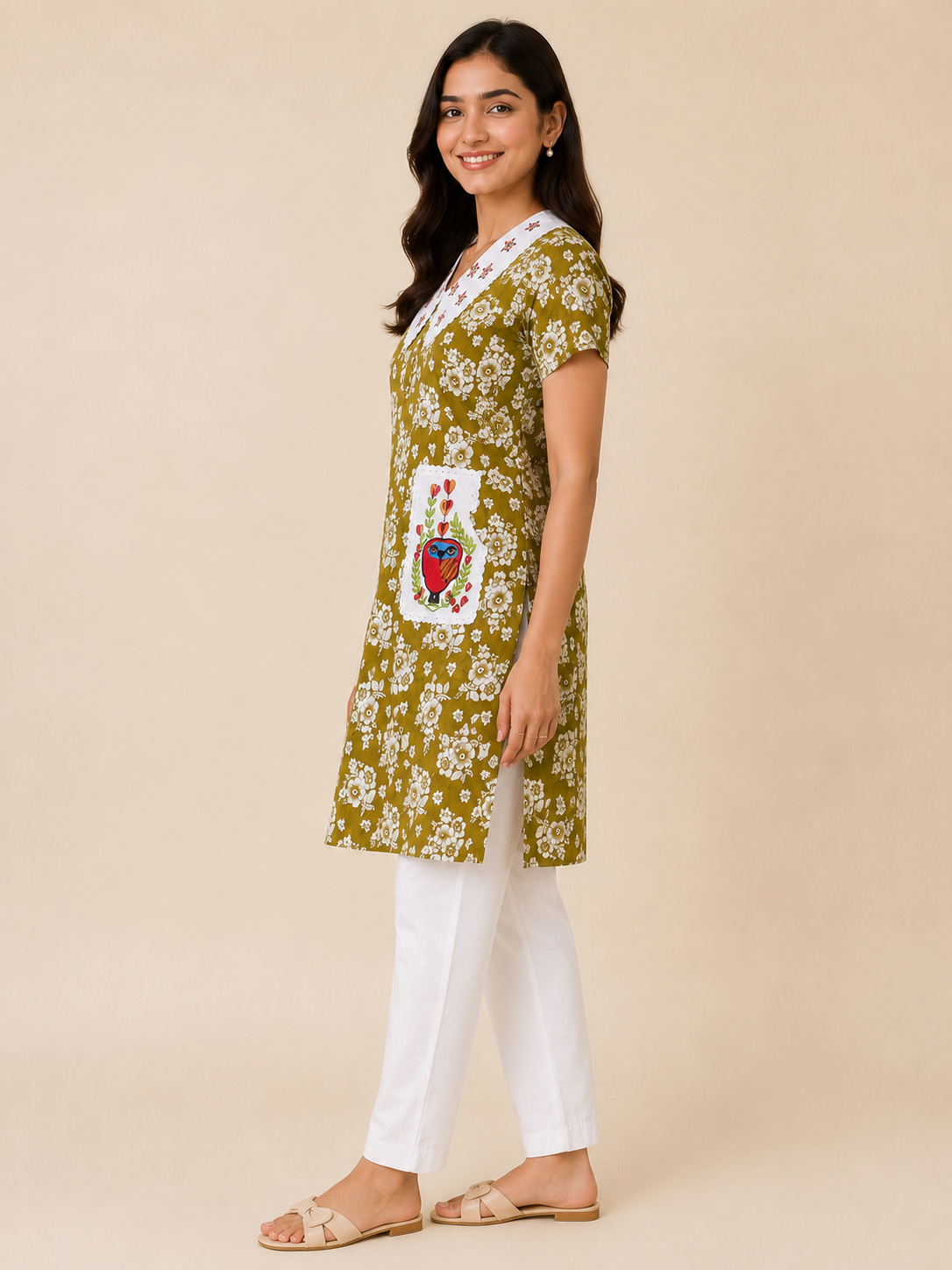 Women's Floral Printed Cotton Nighty with Embroidered Peter Pan Collar (Baby Collar) & Dual Owl Patch Pockets | Soft Cotton Home Wear | 4 Color Variants | XL