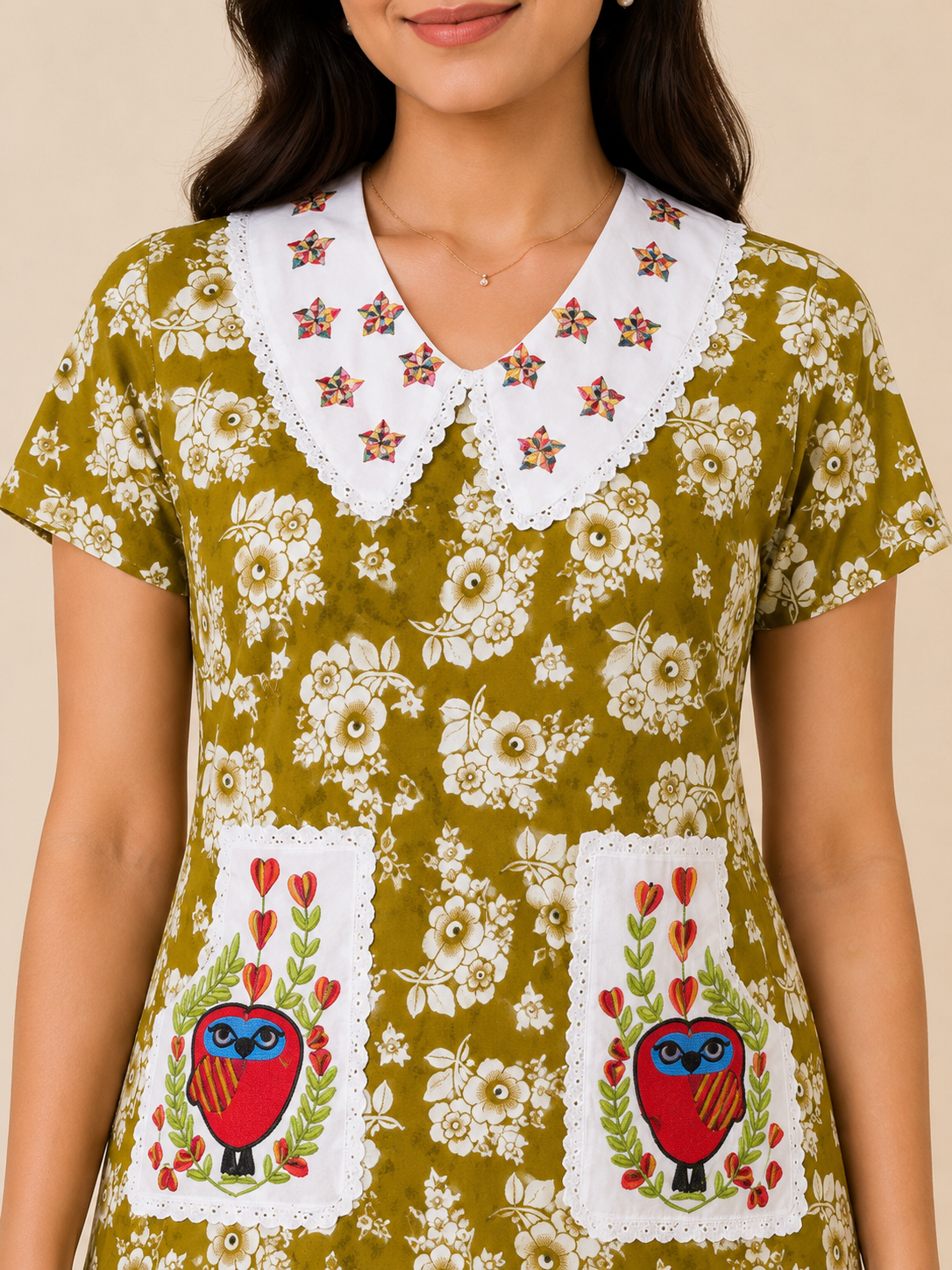 Women's Floral Printed Cotton Nighty with Embroidered Peter Pan Collar (Baby Collar) & Dual Owl Patch Pockets | Soft Cotton Home Wear | 4 Color Variants | XL