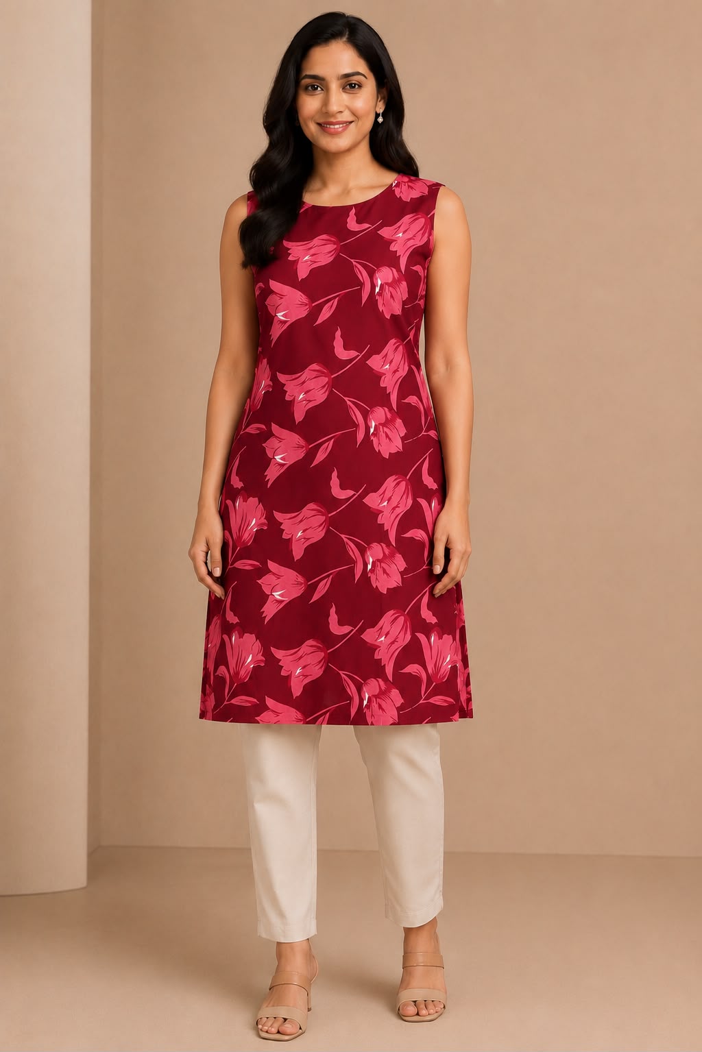 Women's Maroon Floral Printed Straight Kurti | Round Neck | Short Sleeves