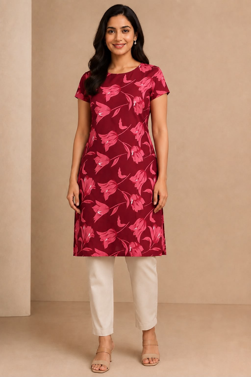 Women's Maroon Floral Printed Straight Kurti | Round Neck | Short Sleeves