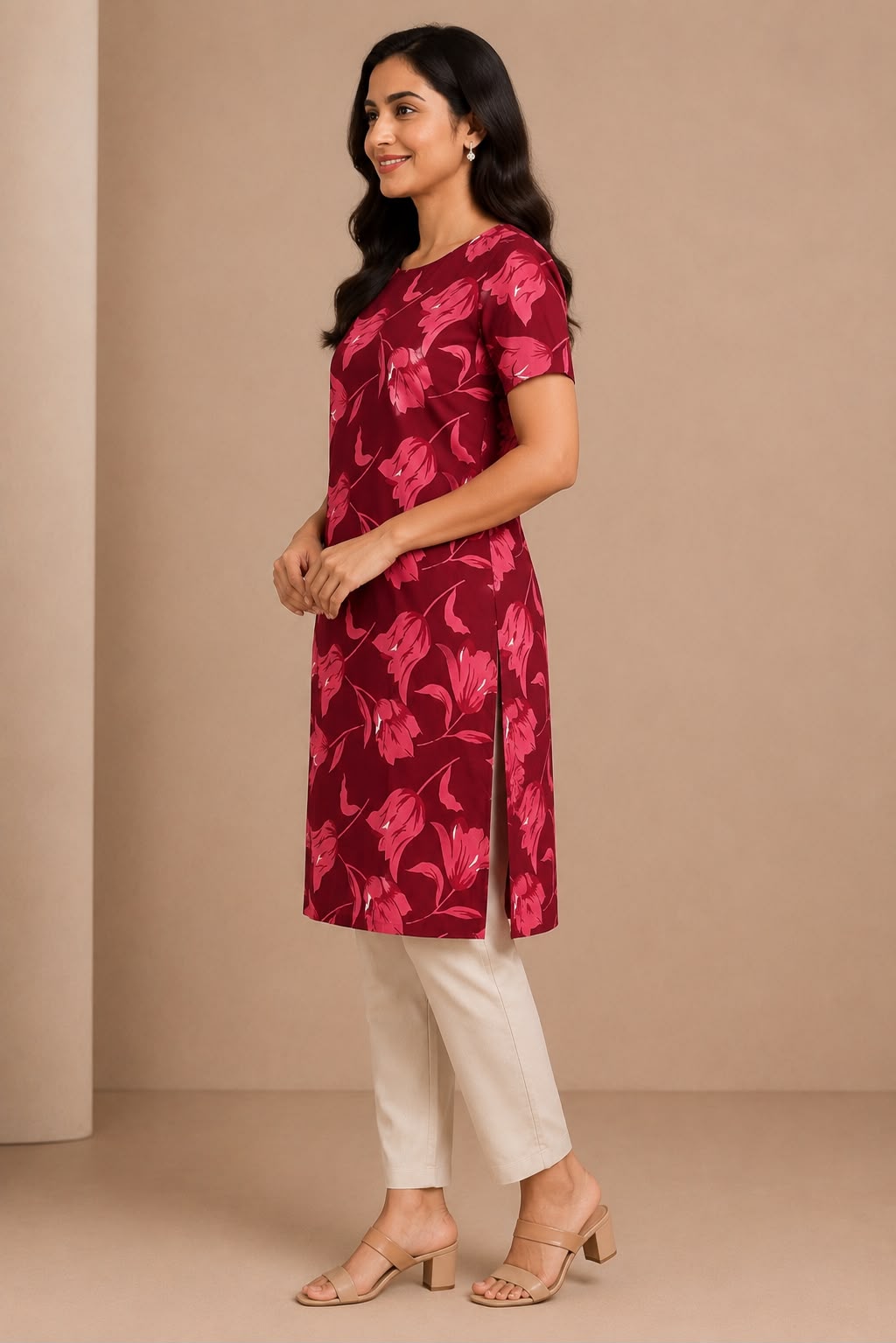 Women's Maroon Floral Printed Straight Kurti | Round Neck | Short Sleeves