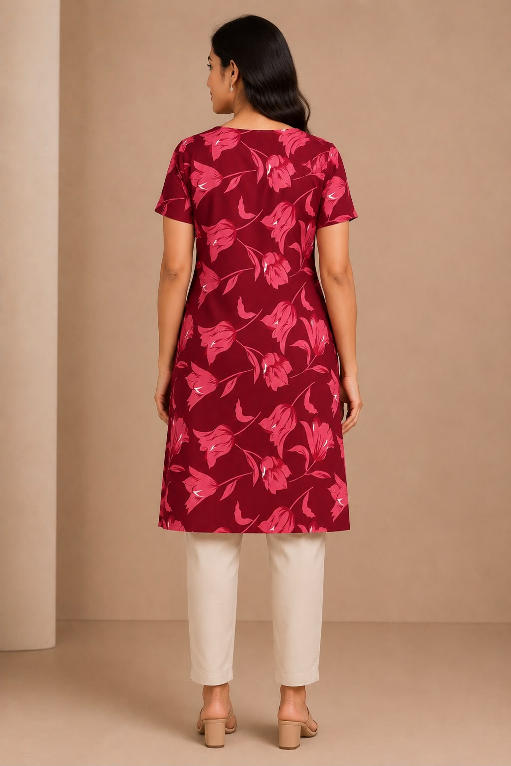 Women's Maroon Floral Printed Straight Kurti | Round Neck | Short Sleeves