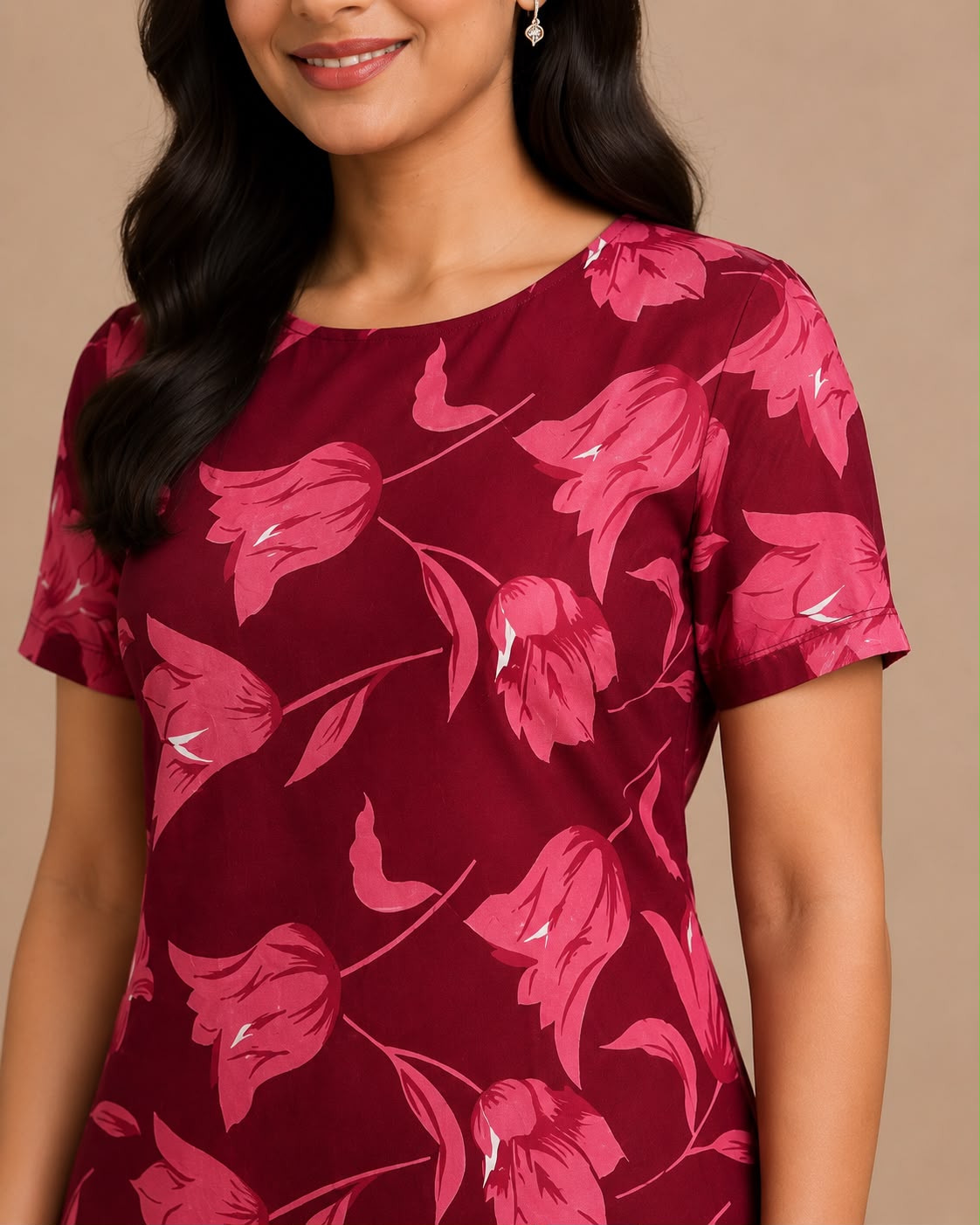 Women's Maroon Floral Printed Straight Kurti | Round Neck | Short Sleeves