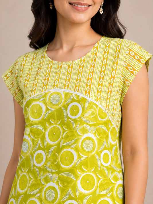Women's Printed Cotton Straight Kurti | Round Neck | XL | Unstitched Sleeves