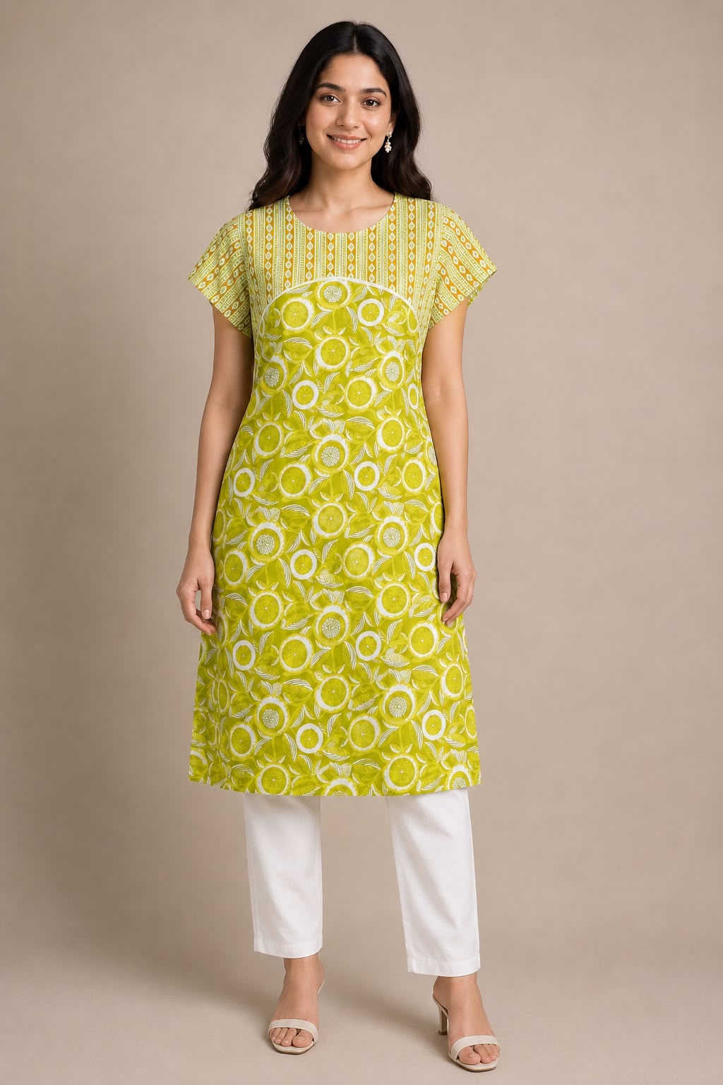 Women's Printed Cotton Straight Kurti | Round Neck | XL | Unstitched Sleeves