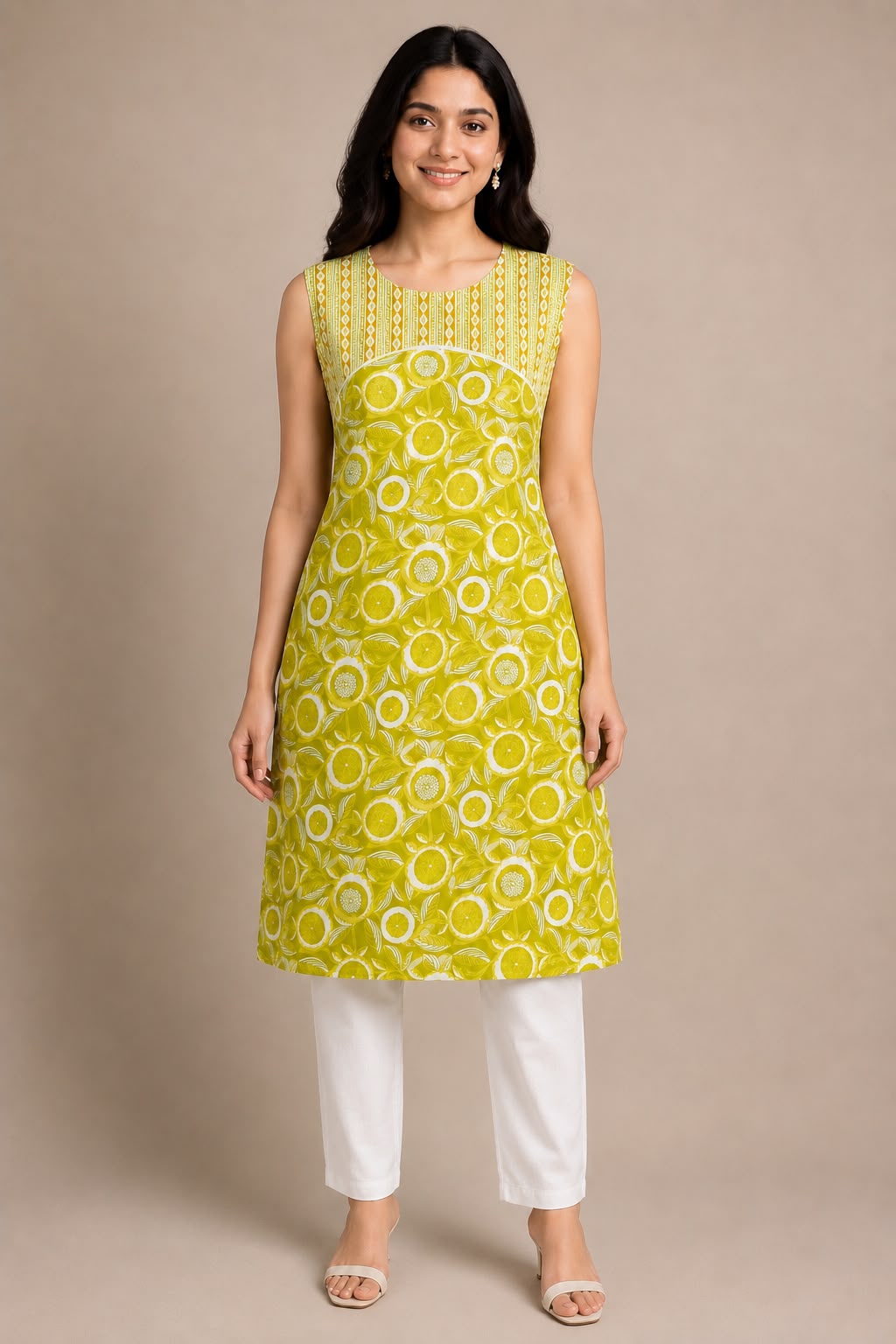 Women's Printed Cotton Straight Kurti | Round Neck | XL | Unstitched Sleeves