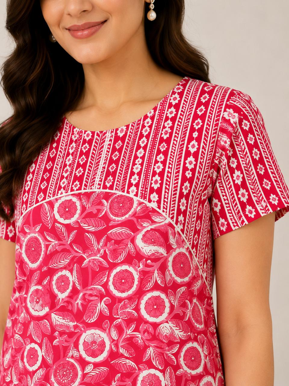 Women's Printed Cotton Straight Kurti | Round Neck | XL | Unstitched Sleeves