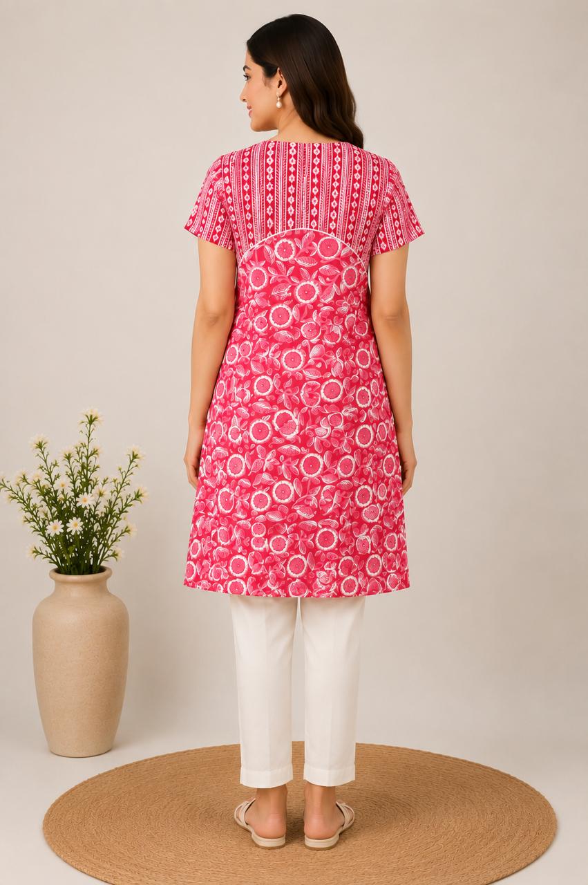 Women's Printed Cotton Straight Kurti | Round Neck | XL | Unstitched Sleeves
