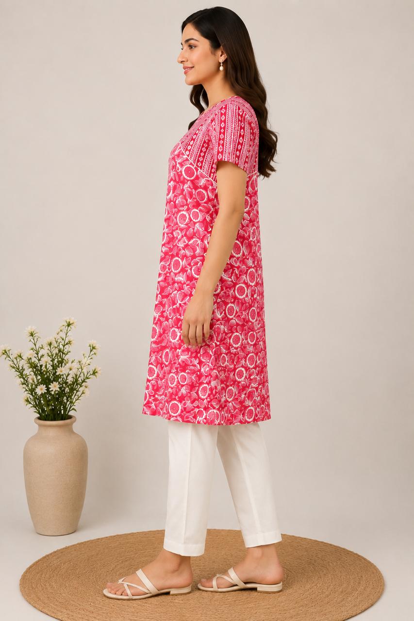 Women's Printed Cotton Straight Kurti | Round Neck | XL | Unstitched Sleeves