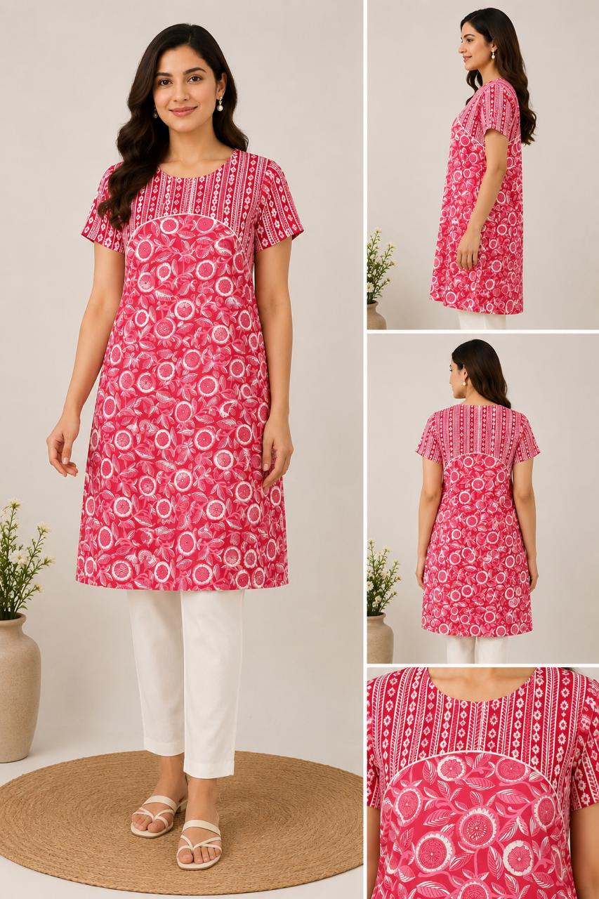 Women's Printed Cotton Straight Kurti | Round Neck | XL | Unstitched Sleeves