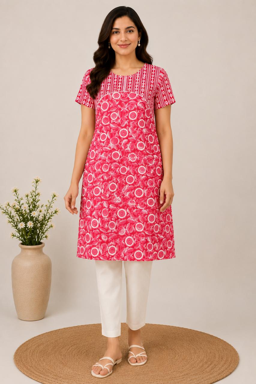 Women's Printed Cotton Straight Kurti | Round Neck | XL | Unstitched Sleeves