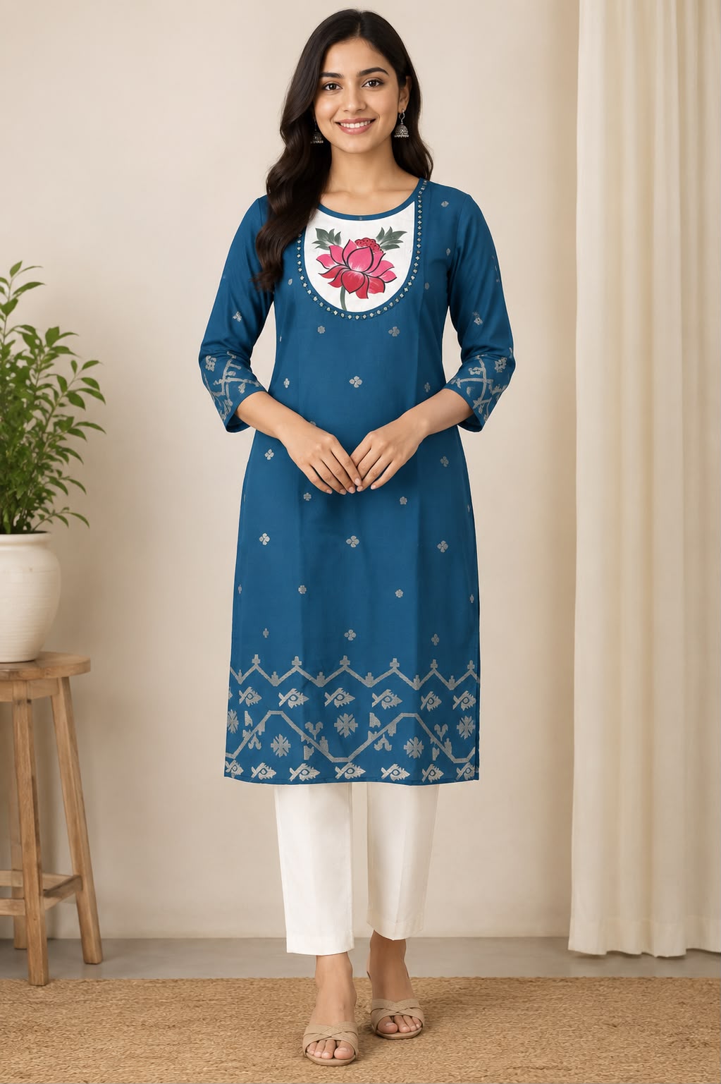 Women's Ethnic Lotus Print Kurti | Straight Fit | Daily & Office Wear