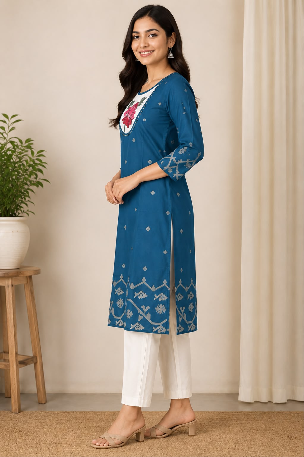 Women's Ethnic Lotus Print Kurti | Straight Fit | Daily & Office Wear
