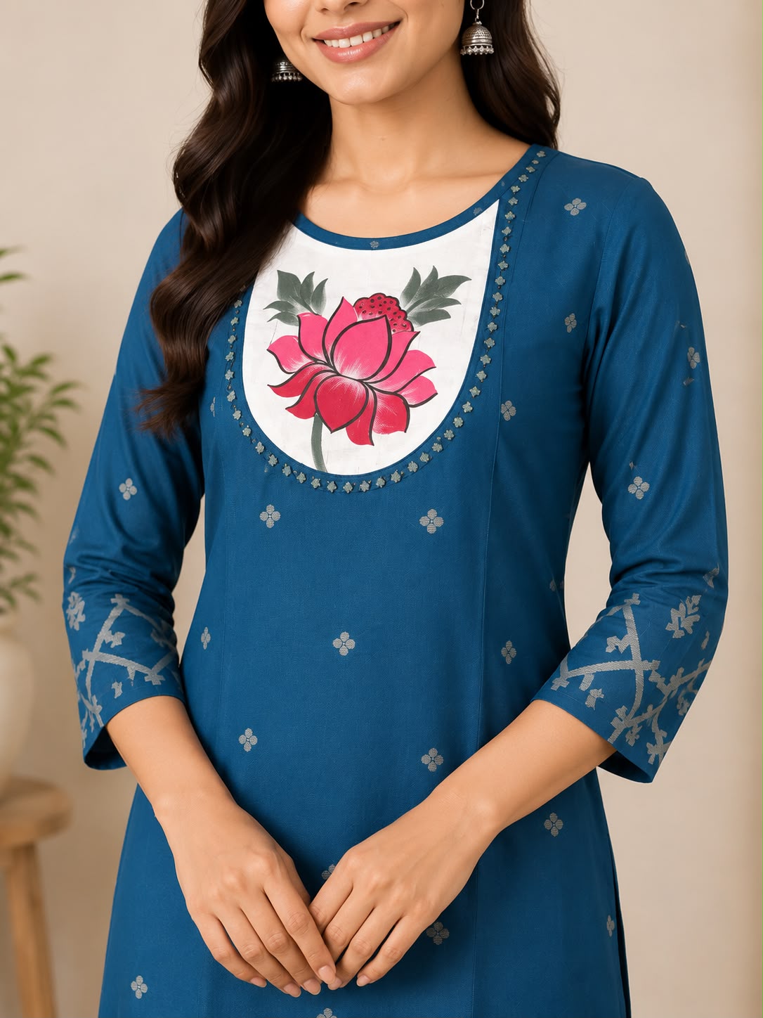 Women's Ethnic Lotus Print Kurti | Straight Fit | Daily & Office Wear