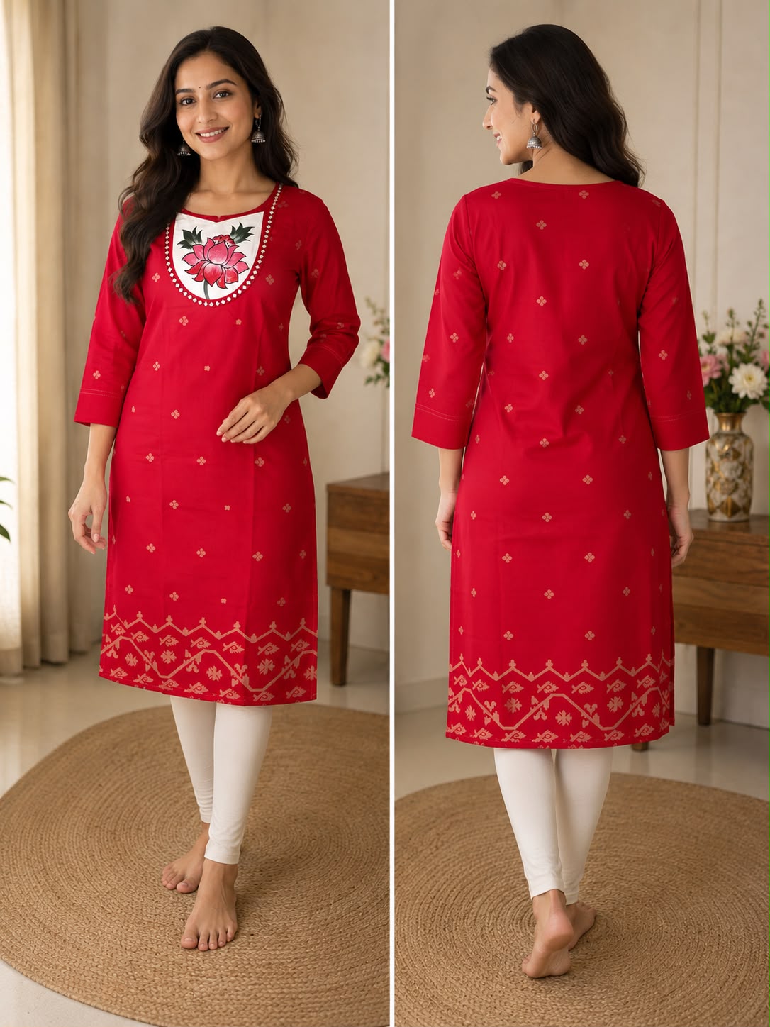 Women's Ethnic Lotus Print Kurti | Straight Fit | Daily & Office Wear