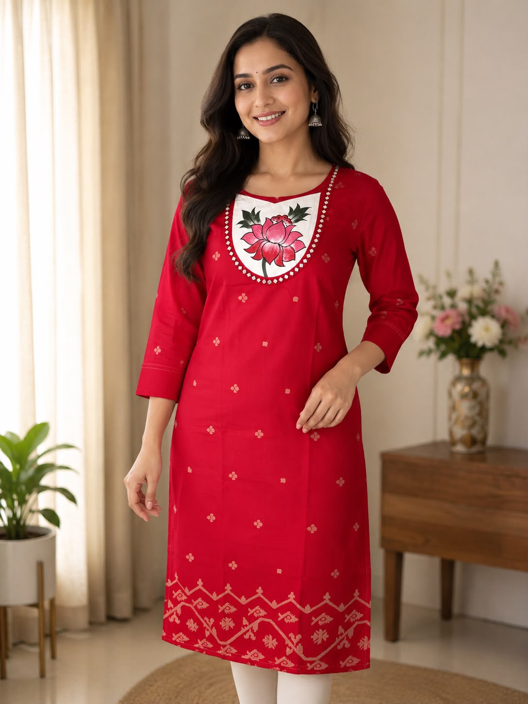 Women's Ethnic Lotus Print Kurti | Straight Fit | Daily & Office Wear