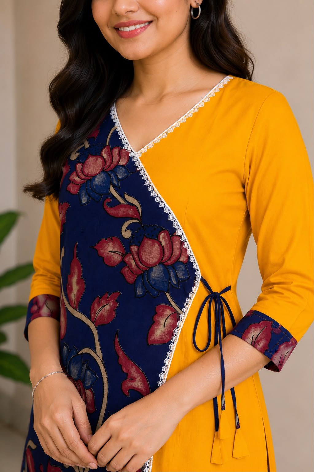 Kyras Collection Women's Pen Kalamkari Floral Wrap Style Straight Kurti | Maroon & Mustard Yellow | V-Neck | 3/4 Sleeves | Casual, Office & Festive Wear