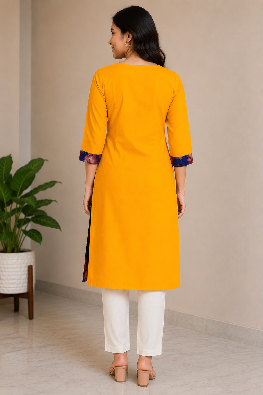 Kyras Collection Women's Pen Kalamkari Floral Wrap Style Straight Kurti | Maroon & Mustard Yellow | V-Neck | 3/4 Sleeves | Casual, Office & Festive Wear