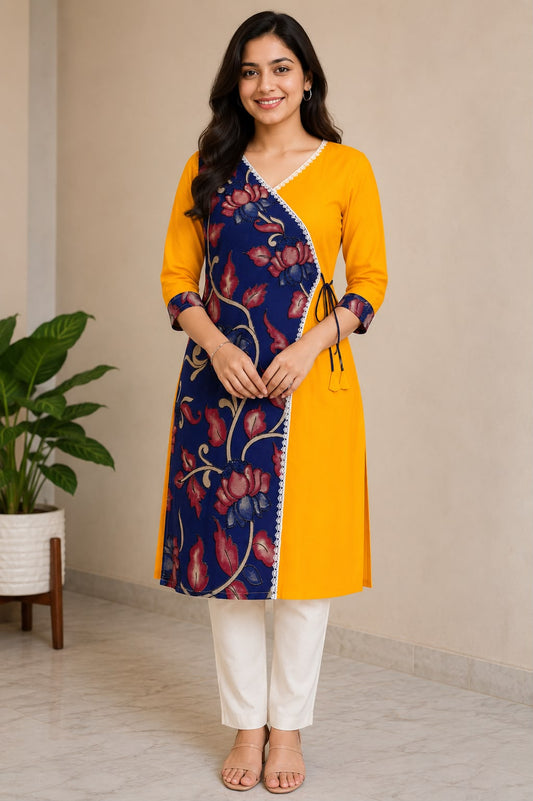 Kyras Collection Women's Pen Kalamkari Floral Wrap Style Straight Kurti | Maroon & Mustard Yellow | V-Neck | 3/4 Sleeves | Casual, Office & Festive Wear