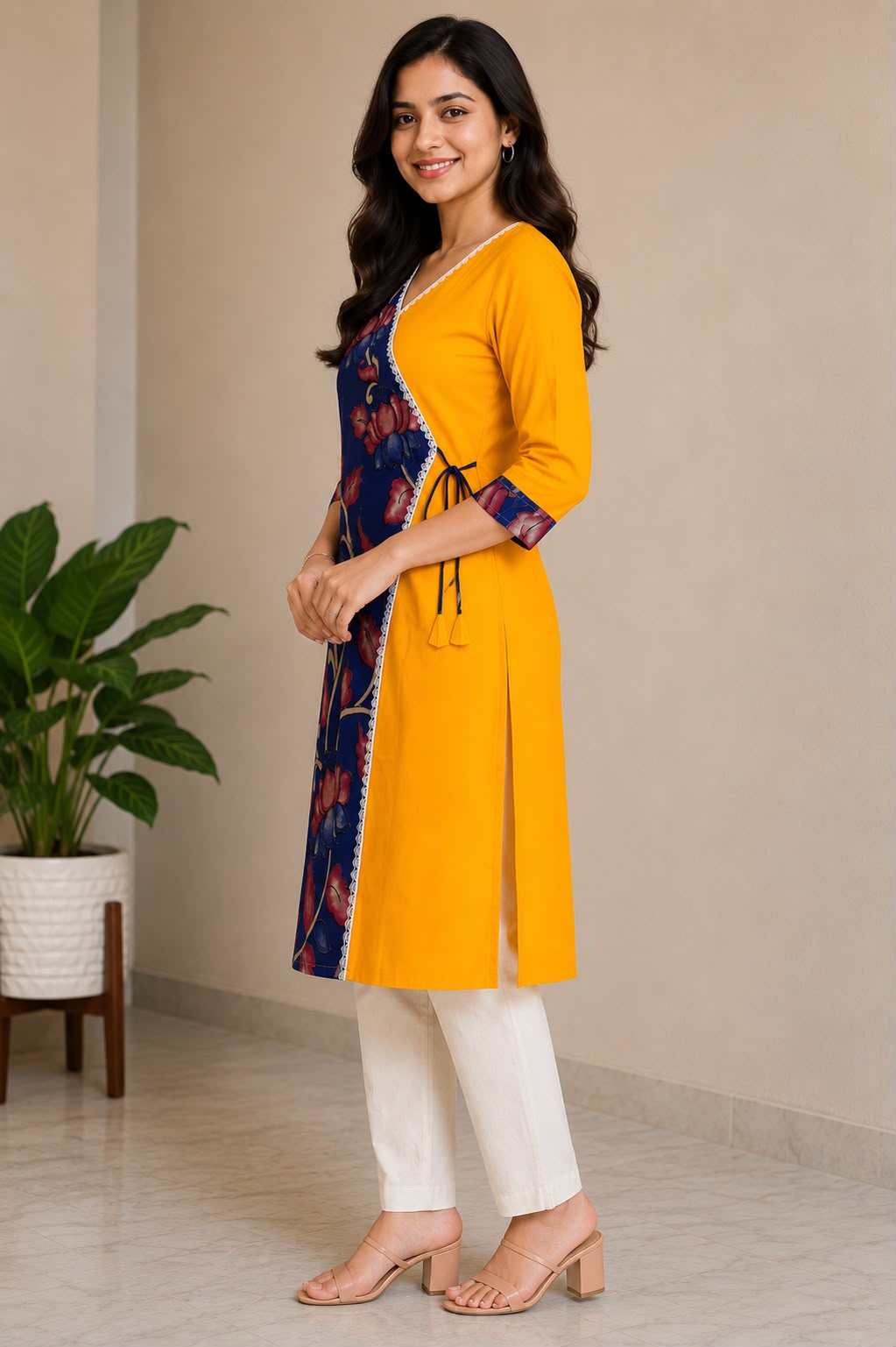Kyras Collection Women's Pen Kalamkari Floral Wrap Style Straight Kurti | Maroon & Mustard Yellow | V-Neck | 3/4 Sleeves | Casual, Office & Festive Wear