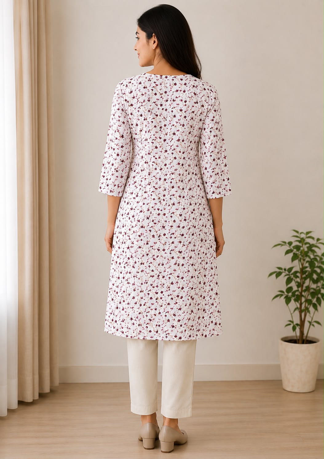 White Floral Printed Straight Kurti for Women