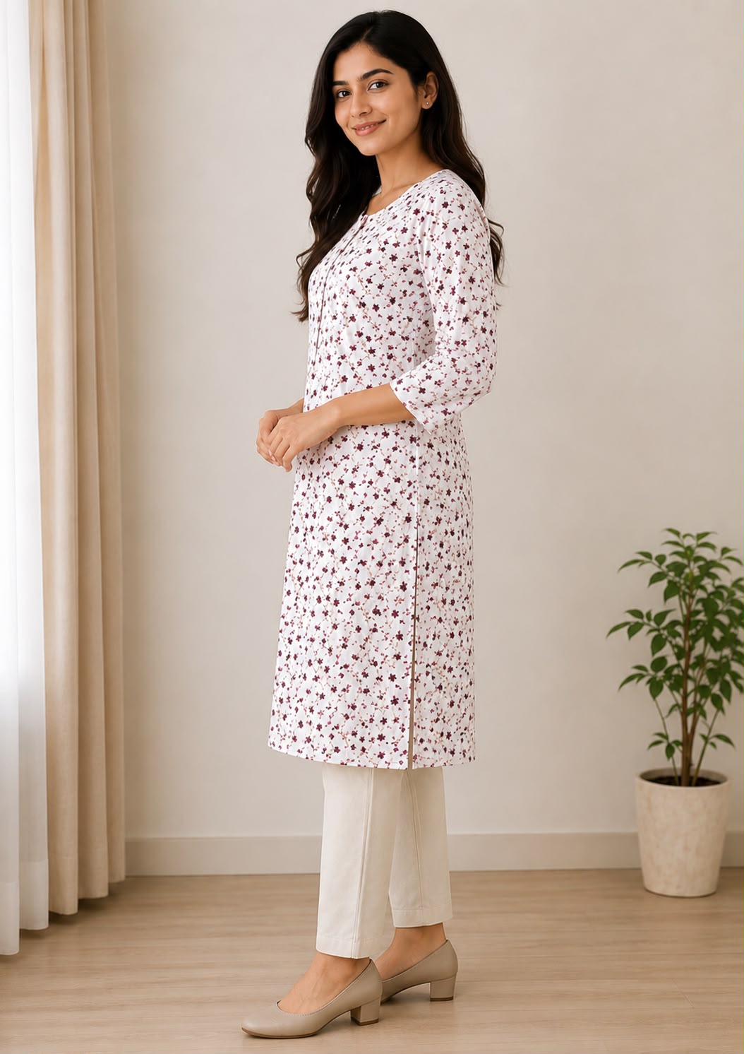 White Floral Printed Straight Kurti for Women
