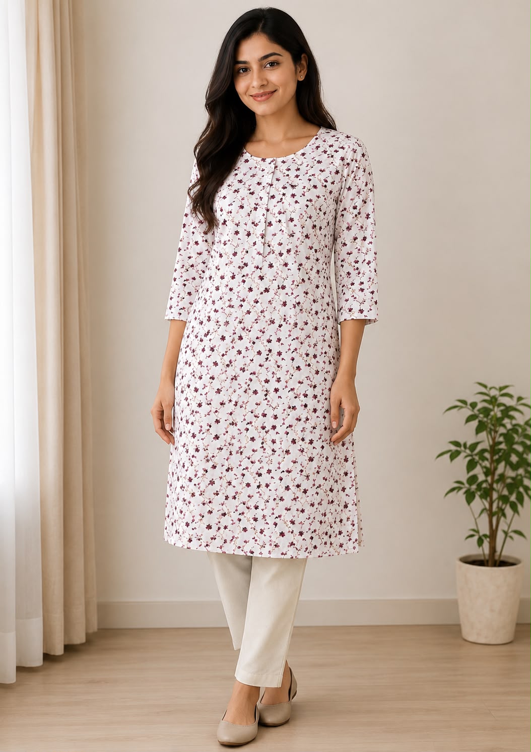 White Floral Printed Straight Kurti for Women