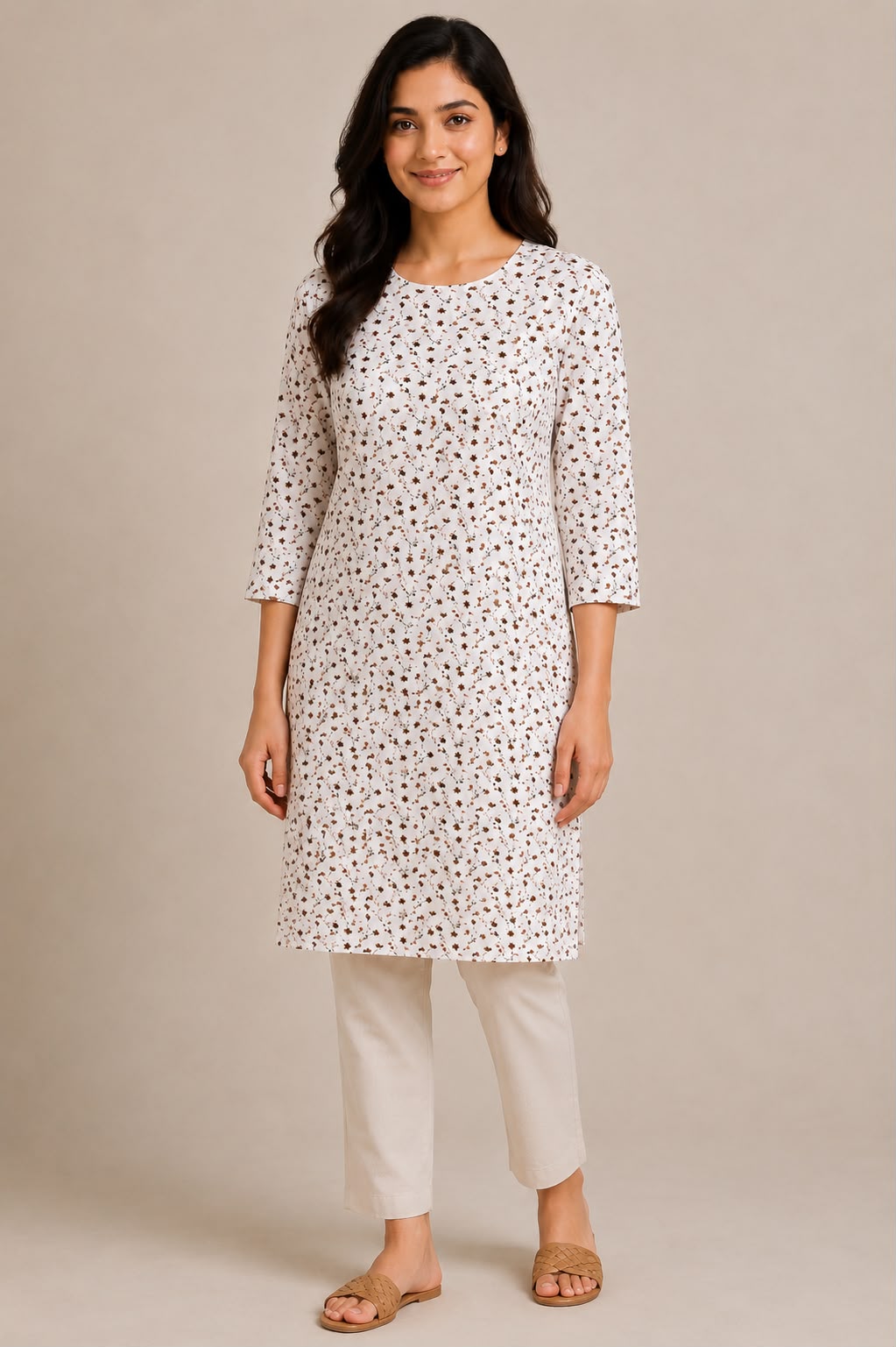 White Floral Printed Straight Kurti for Women