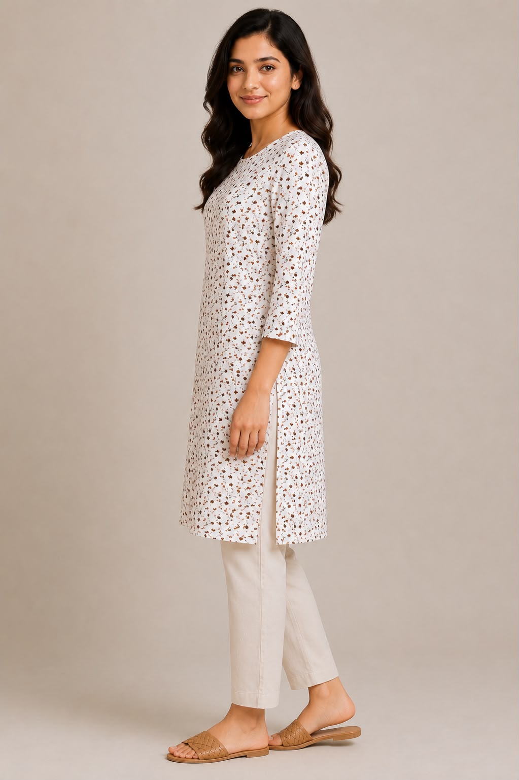 White Floral Printed Straight Kurti for Women
