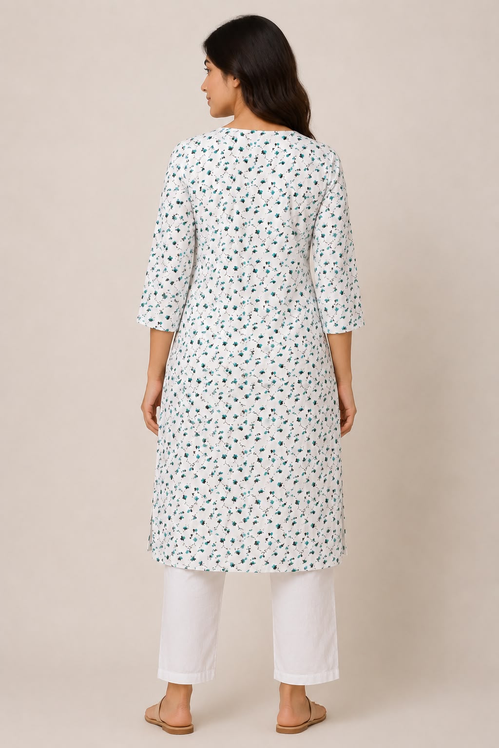 White Floral Printed Straight Kurti for Women