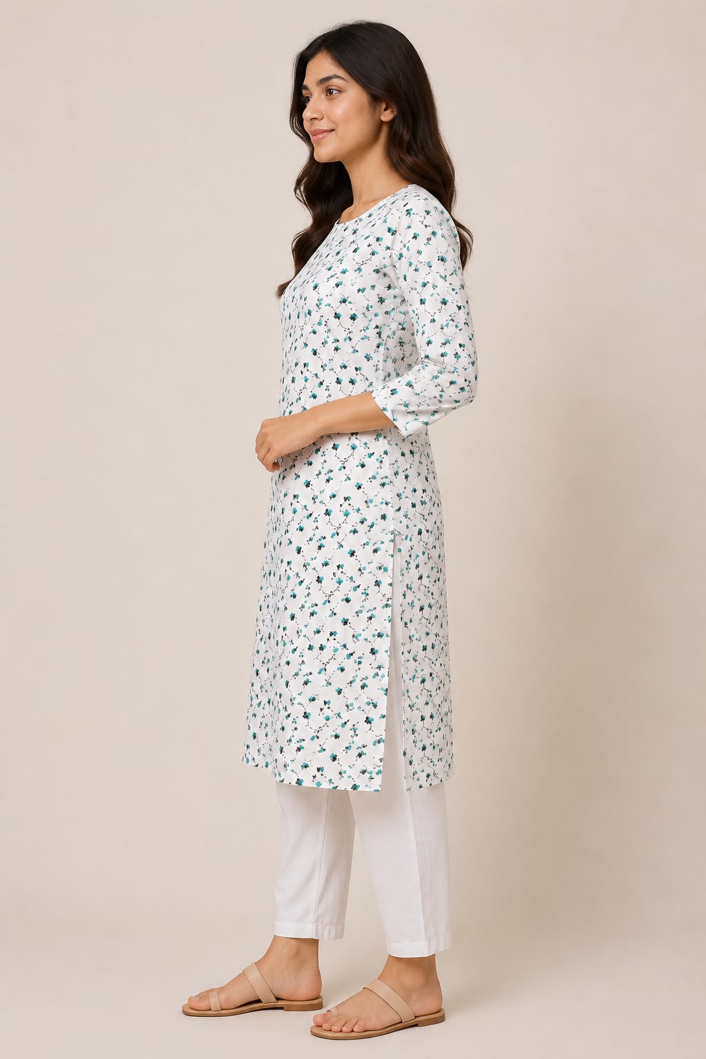 White Floral Printed Straight Kurti for Women