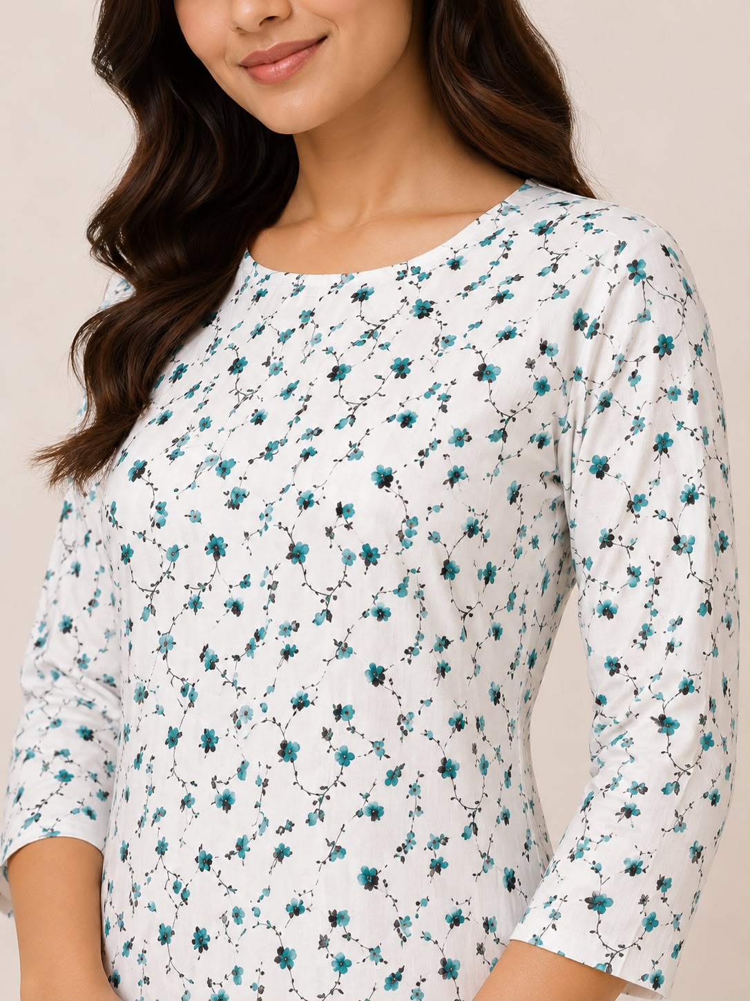 White Floral Printed Straight Kurti for Women