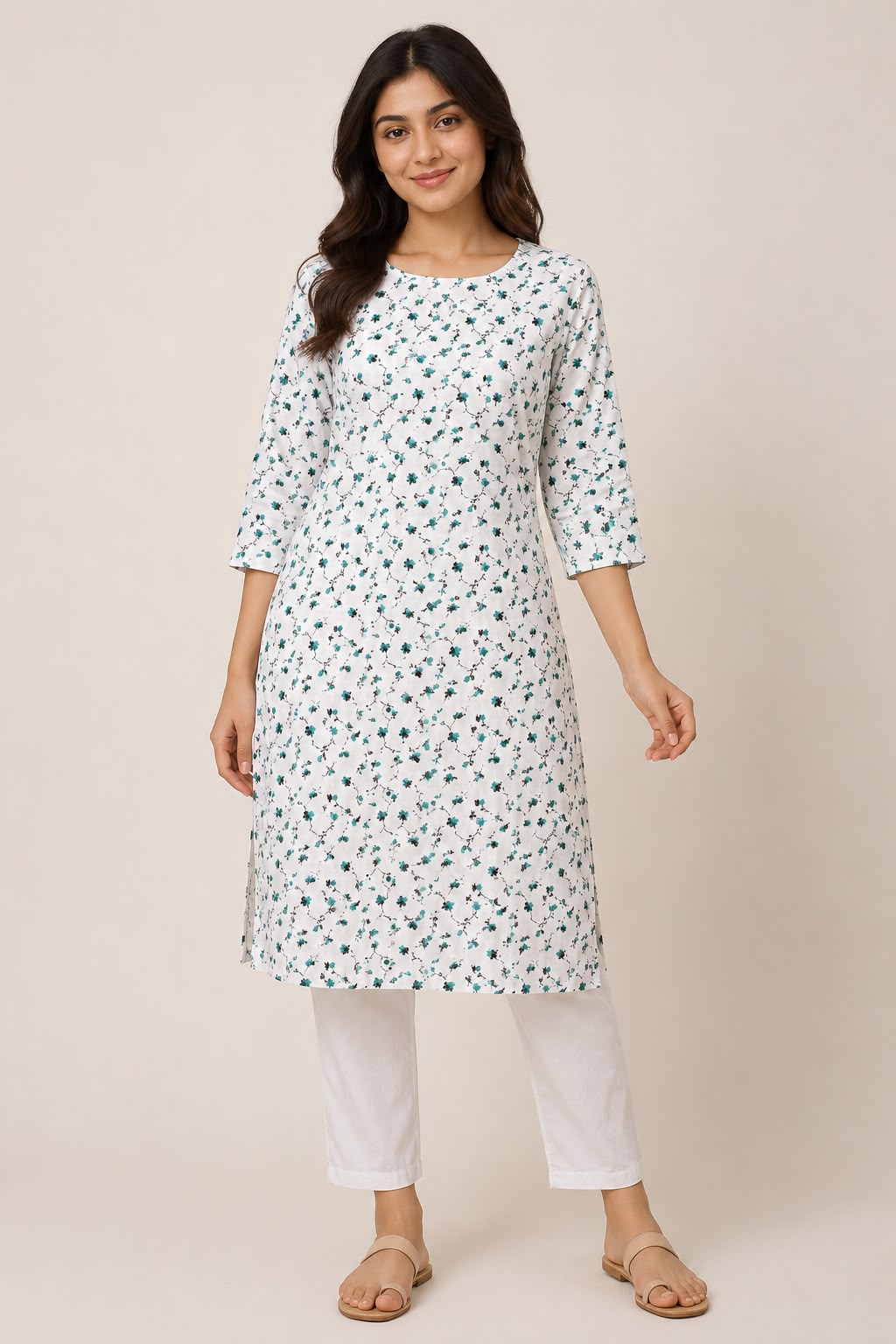 White Floral Printed Straight Kurti for Women