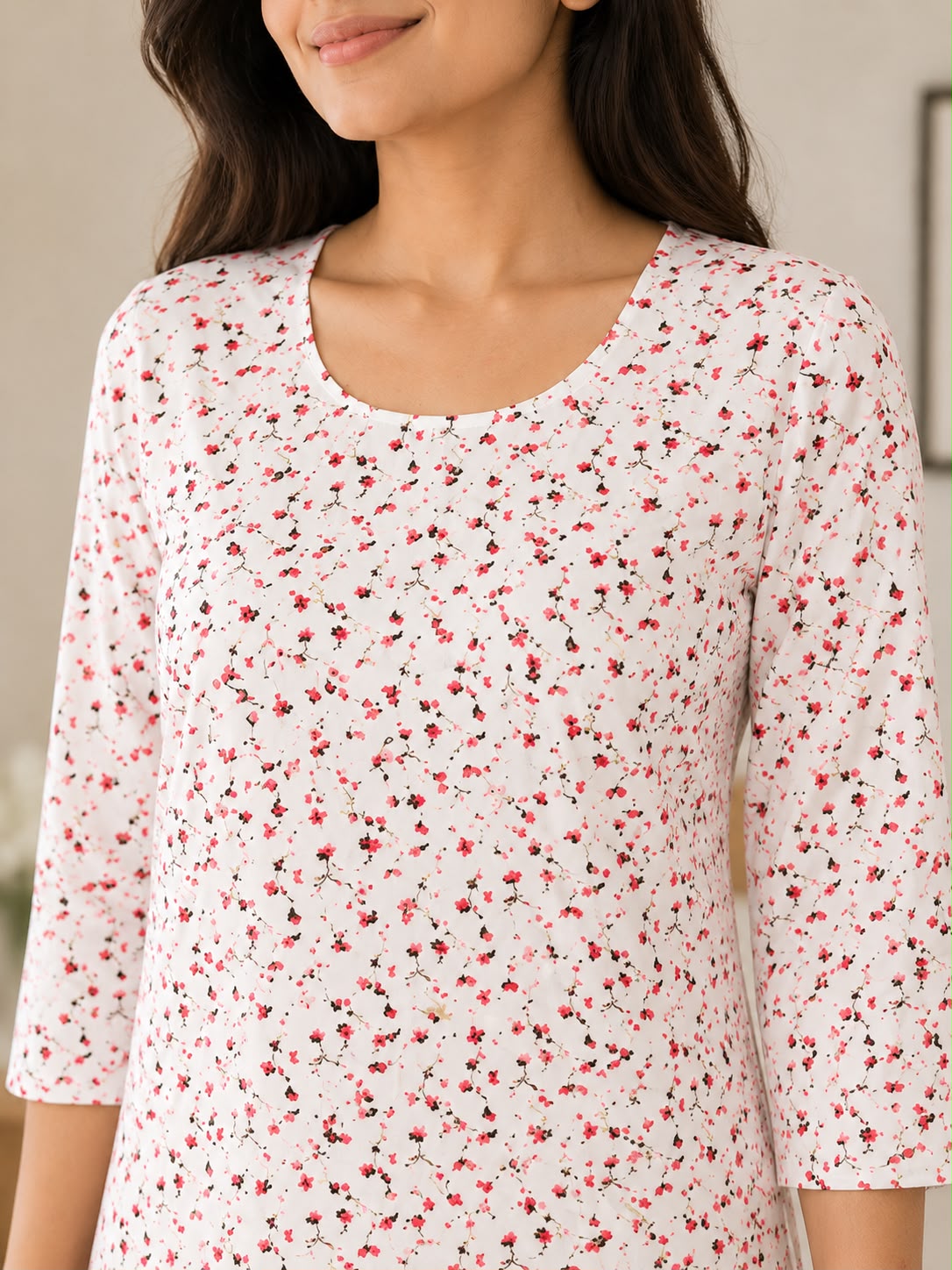 White Floral Printed Straight Kurti for Women
