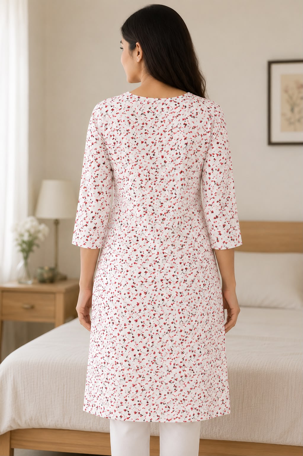 White Floral Printed Straight Kurti for Women