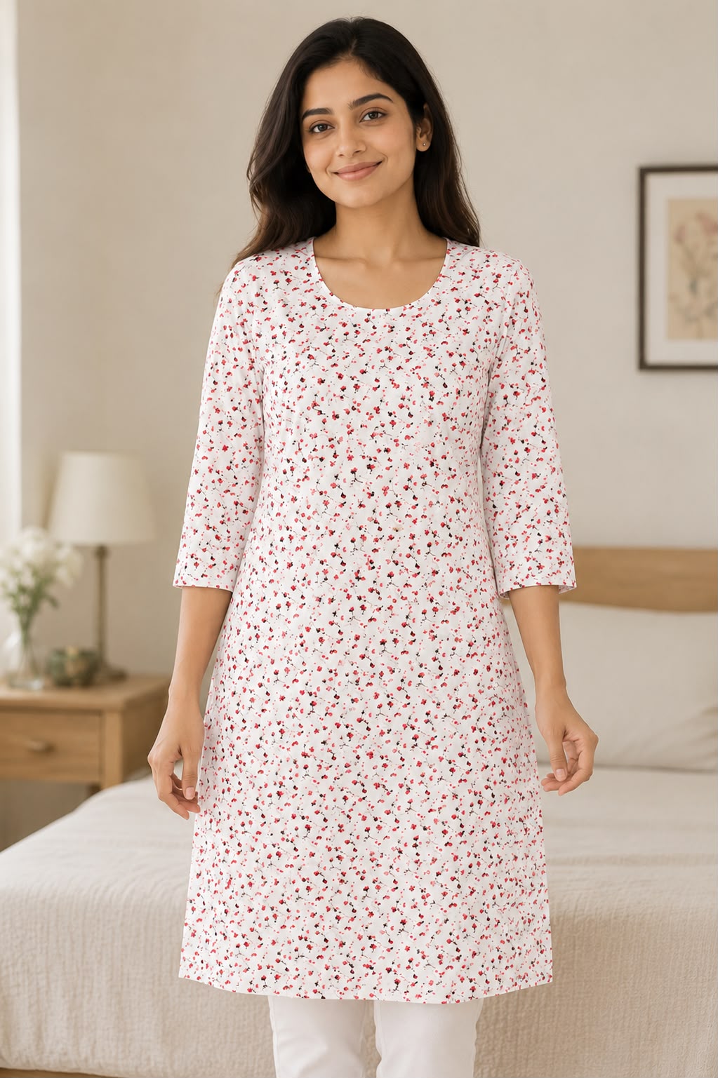 White Floral Printed Straight Kurti for Women