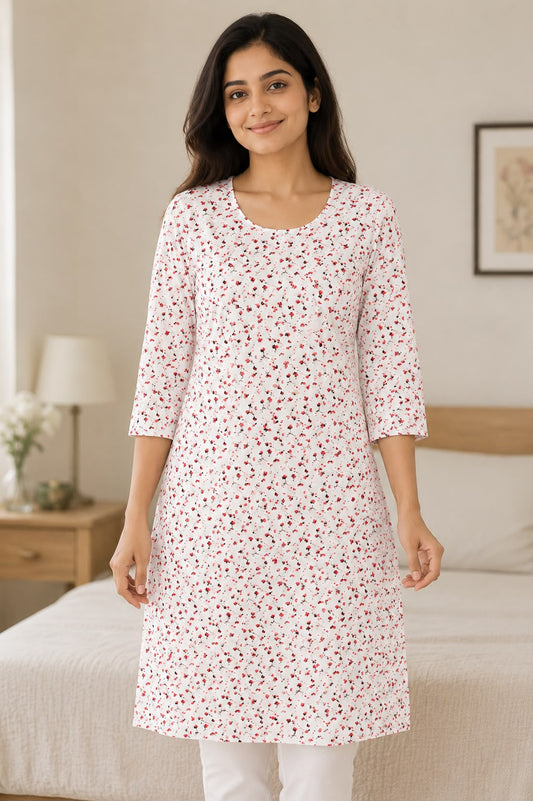 White Floral Printed Straight Kurti for Women