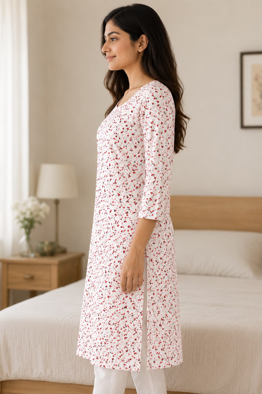 White Floral Printed Straight Kurti for Women