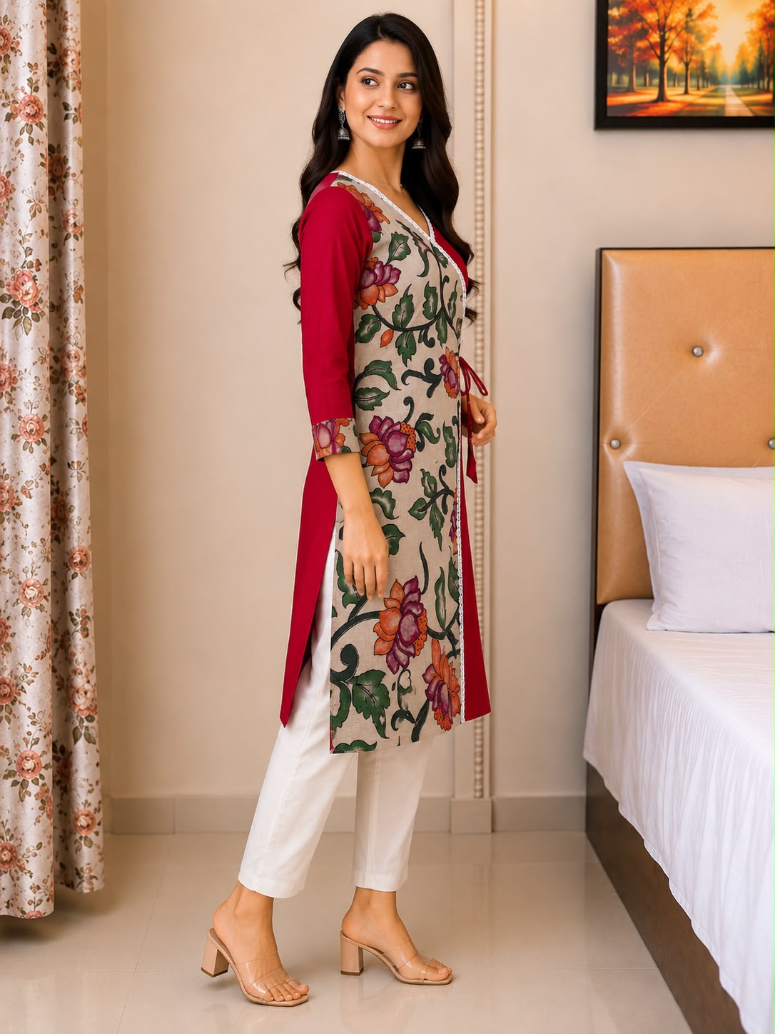 Kyras Collection Women's Pen Kalamkari Floral Wrap Style Straight Kurti | Maroon & Mustard Yellow | V-Neck | 3/4 Sleeves | Casual, Office & Festive Wear