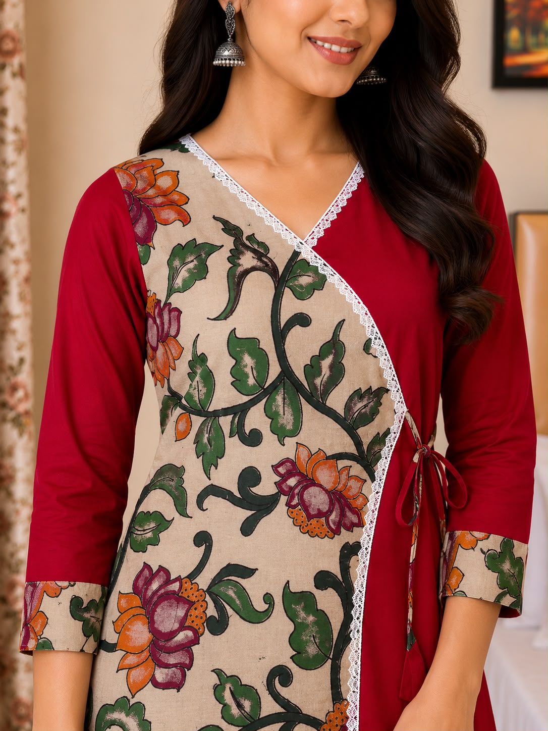 Kyras Collection Women's Pen Kalamkari Floral Wrap Style Straight Kurti | Maroon & Mustard Yellow | V-Neck | 3/4 Sleeves | Casual, Office & Festive Wear