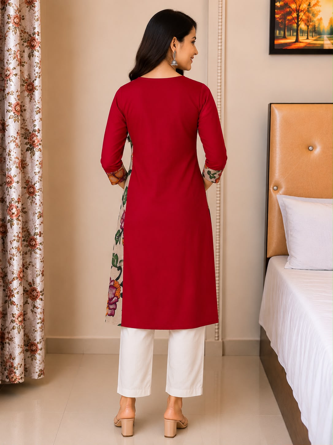 Kyras Collection Women's Pen Kalamkari Floral Wrap Style Straight Kurti | Maroon & Mustard Yellow | V-Neck | 3/4 Sleeves | Casual, Office & Festive Wear