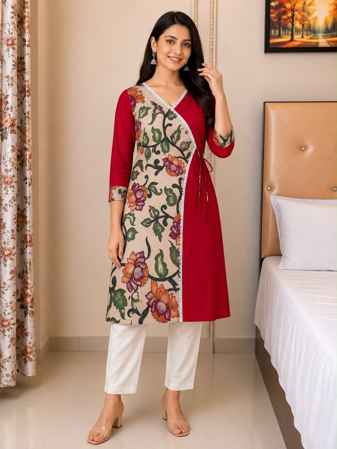 Kyras Collection Women's Pen Kalamkari Floral Wrap Style Straight Kurti | Maroon & Mustard Yellow | V-Neck | 3/4 Sleeves | Casual, Office & Festive Wear