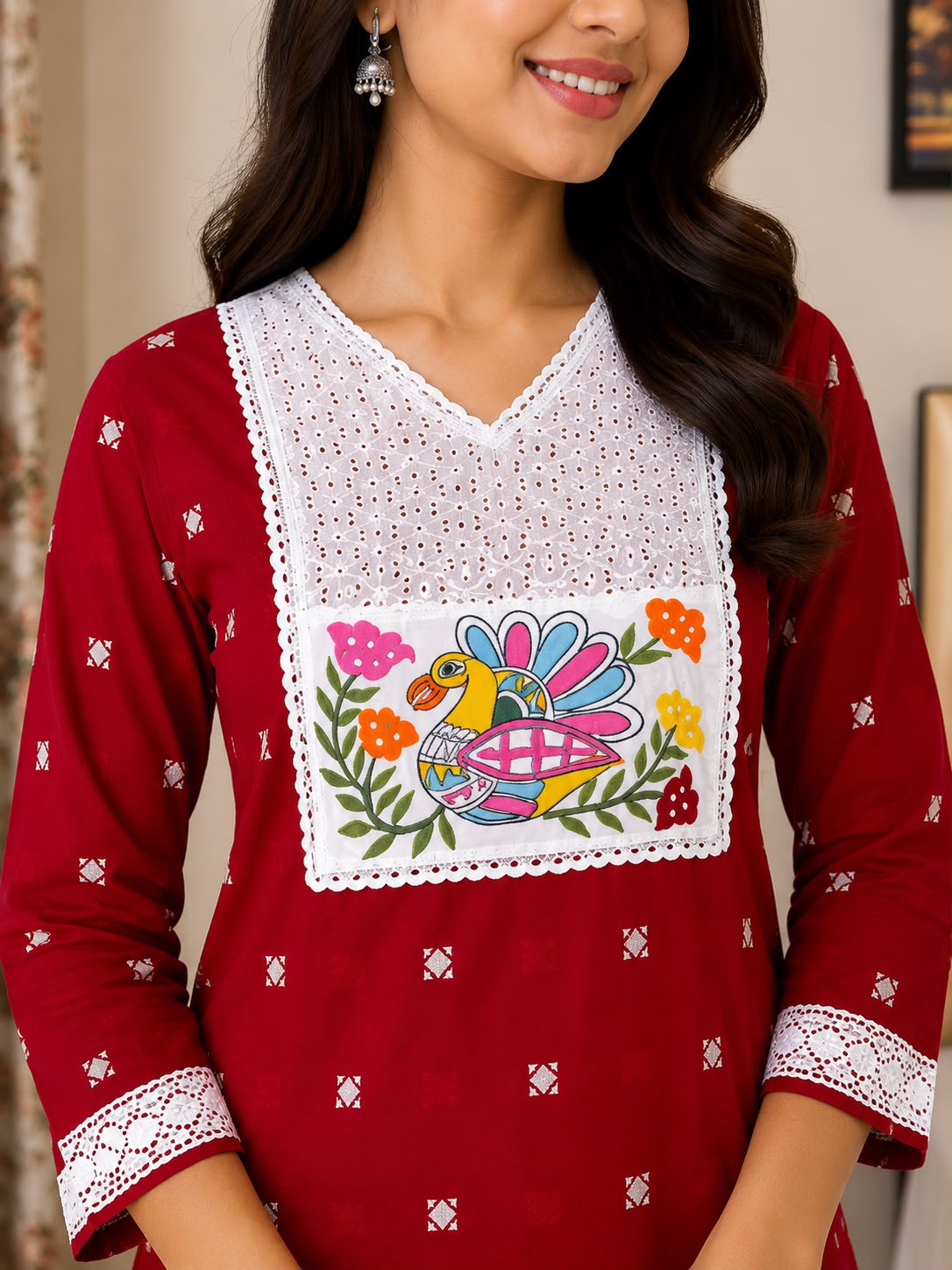 Handcrafted Bird Motif Embroidered Straight Kurti for Women